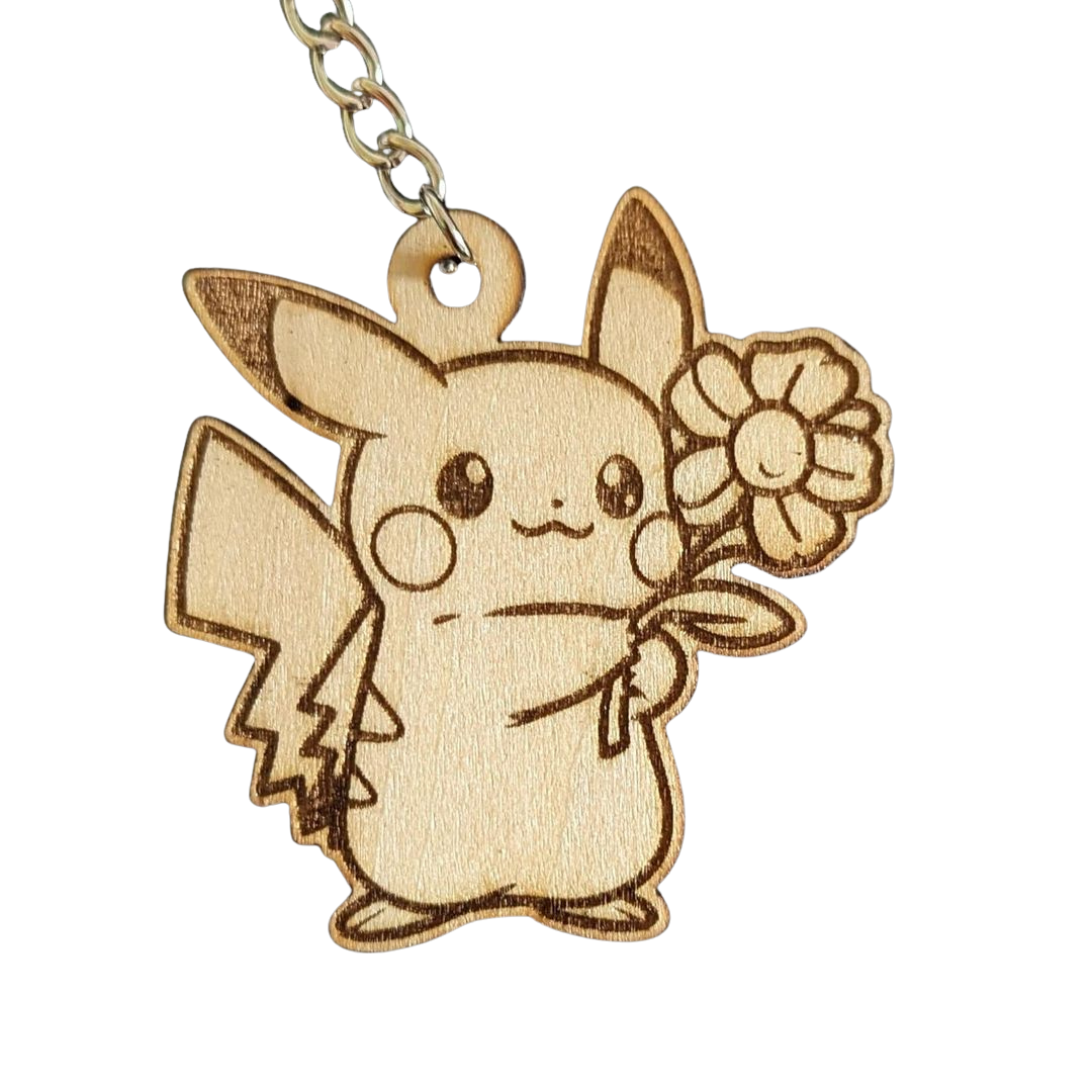 Portachiavi Pokémon Pikachu con Fiore in Legno Incisione Laser